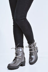 Grey Patent Stud Buckle Detail Biker Boots - Raylea-Boots