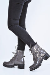 Grey Patent Stud Buckle Detail Biker Boots - Raylea-Boots