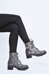 Grey Patent Stud Buckle Detail Biker Boots - Raylea-Boots