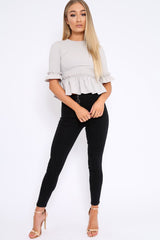 Grey Peplum Frill Detail Top with Frill Sleeves - Gretta-Tops