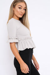 Grey Peplum Frill Detail Top with Frill Sleeves - Gretta-Tops