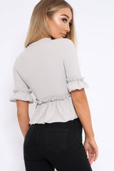 Grey Peplum Frill Detail Top with Frill Sleeves - Gretta-Tops