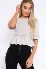 Grey Peplum Frill Detail Top with Frill Sleeves - Gretta-Tops
