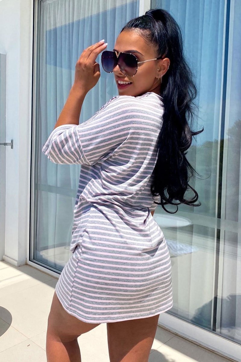 Grey Pink Striped T-shirt Dress - Hanaa-T-shirt