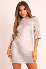 Grey Pink Striped T-shirt Dress - Hanaa-T-shirt