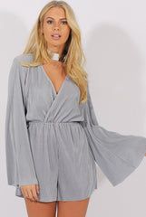 Grey Pleated Flared Sleeve Playsuit - Amity-Playsuits
