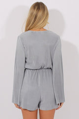 Grey Pleated Flared Sleeve Playsuit - Amity-Playsuits