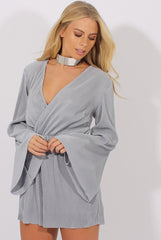 Grey Pleated Flared Sleeve Playsuit - Amity-Playsuits