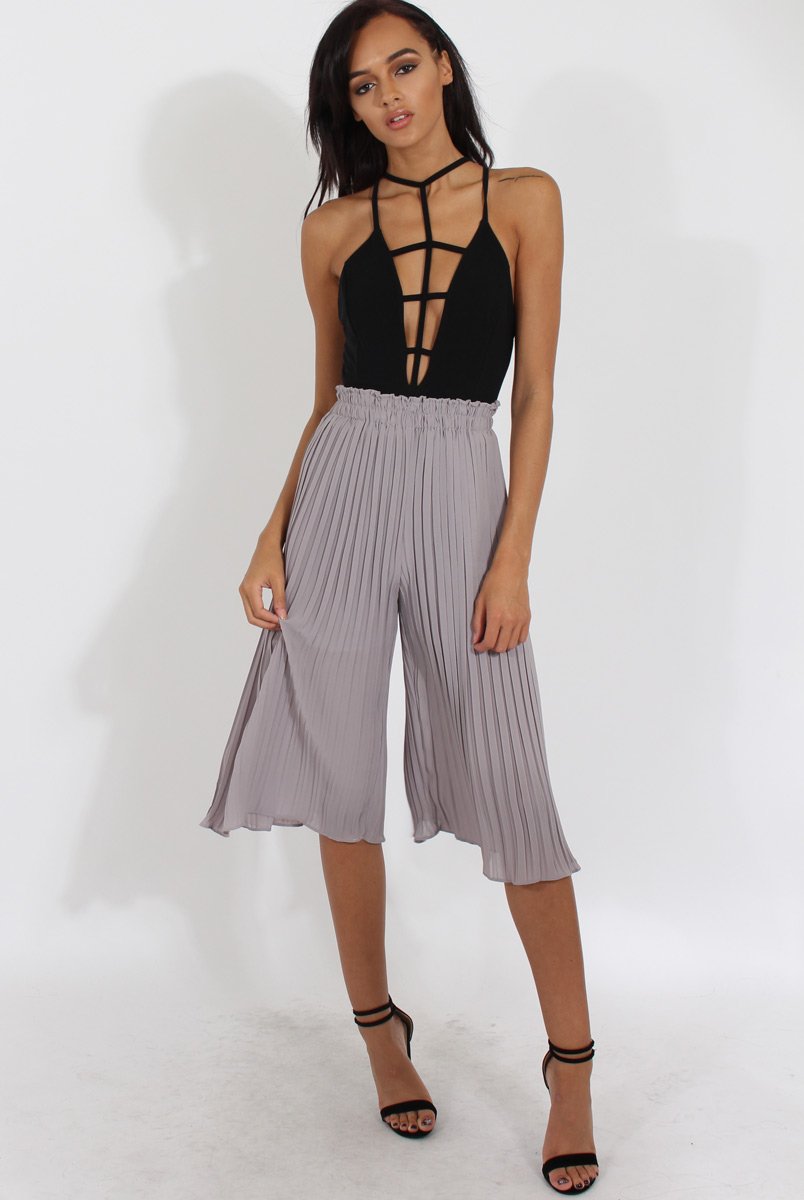 Grey Pleated High Waisted Culottes - Audrey-Trousers