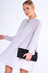 Grey Pleated Tie Neck Long Sleeve Swing Dress - Nickie-Dresses