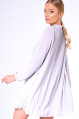 Grey Pleated Tie Neck Long Sleeve Swing Dress - Nickie-Dresses