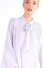 Grey Pleated Tie Neck Long Sleeve Swing Dress - Nickie-Dresses