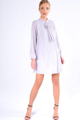 Grey Pleated Tie Neck Long Sleeve Swing Dress - Nickie-Dresses