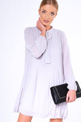 Grey Pleated Tie Neck Long Sleeve Swing Dress - Nickie-Dresses