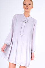 Grey Pleated Tie Neck Long Sleeve Swing Dress - Nickie-Dresses