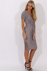 Grey Pleated Tie Waist Midi Dress - Drew-Dresses