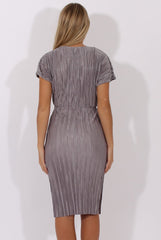 Grey Pleated Tie Waist Midi Dress - Drew-Dresses