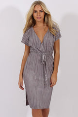 Grey Pleated Tie Waist Midi Dress - Drew-Dresses