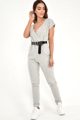 Grey Plunge Drawstring Waist Jumpsuit - Missie-Jumpsuits