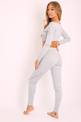 Grey Plunge Neck Cropped Loungewear Co-ord Set - Darcie-Loungewear