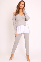 Grey Plunge Shirt Insert Top Legging Co-ord - Destine-Co-ords