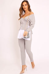 Grey Plunge Shirt Insert Top Legging Co-ord - Destine-Co-ords