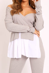 Grey Plunge Shirt Insert Top Legging Co-ord - Destine-Co-ords