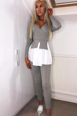 Grey Plunge Shirt Insert Top Legging Co-ord - Destine-Co-ords
