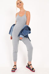 Grey Plunge Strappy Jersey Jumpsuit - Narumi-Jumpsuits