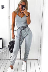 Grey Plunge Strappy Jersey Jumpsuit - Narumi-Jumpsuits