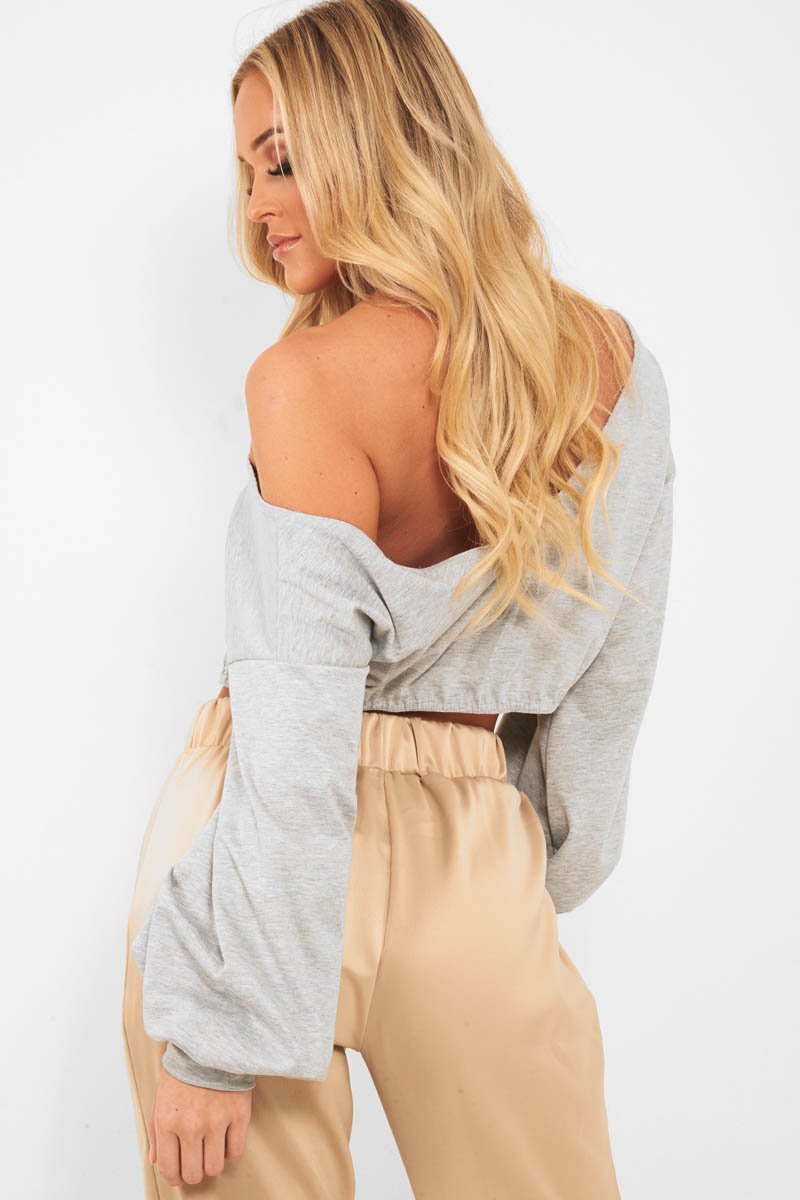 Grey Plunge off Shoulder Cropped Sweatshirt - Zarah-Sweatshirts