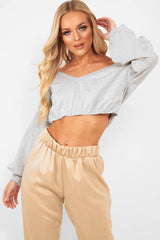Grey Plunge off Shoulder Cropped Sweatshirt - Zarah-Sweatshirts