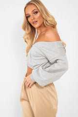 Grey Plunge off Shoulder Cropped Sweatshirt - Zarah-Sweatshirts