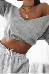 Grey Plunge off Shoulder Cropped Sweatshirt - Zarah-Sweatshirts