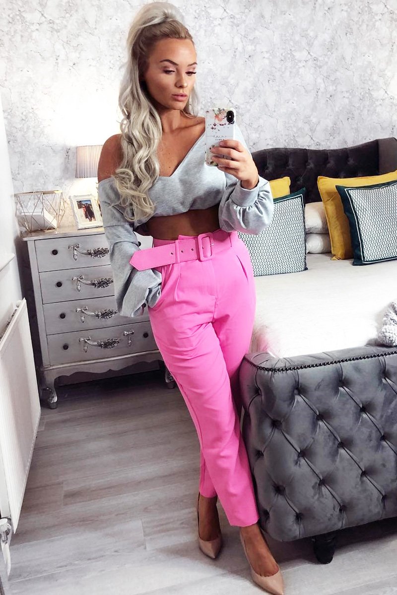Grey Plunge off Shoulder Cropped Sweatshirt - Zarah-Sweatshirts