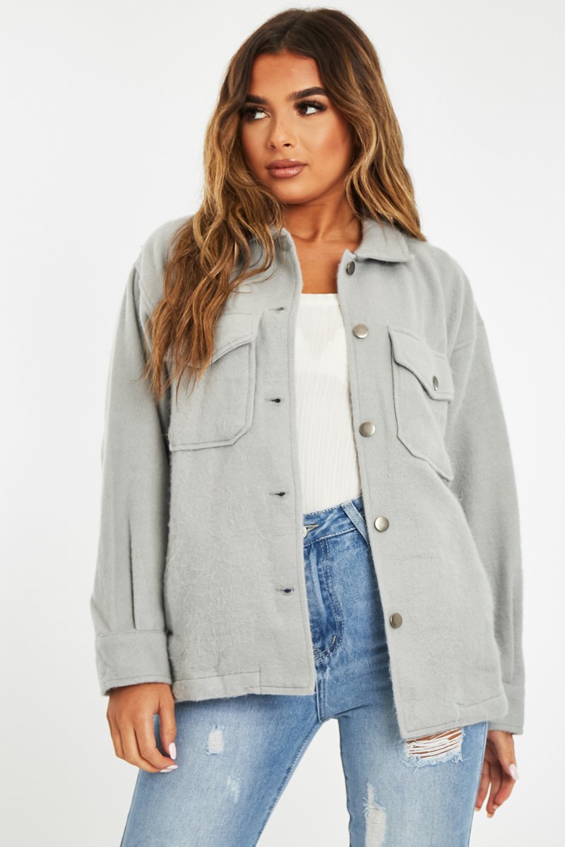 Grey Pocket Oversized Brushed Shacket - Caley-Shacket