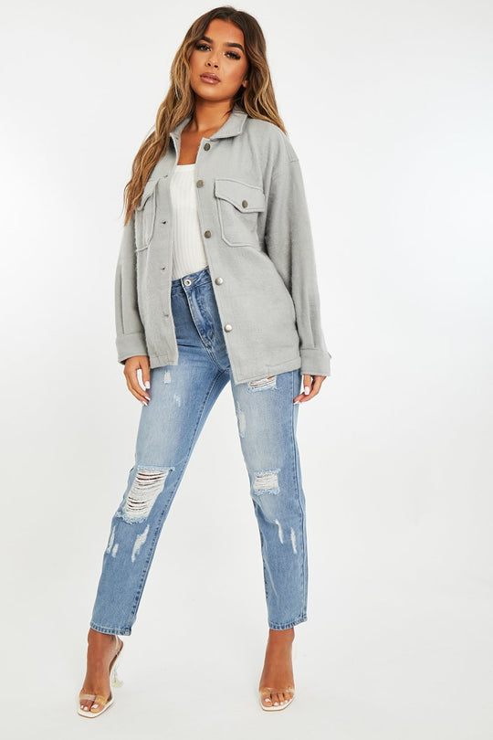 Grey Pocket Oversized Brushed Shacket - Caley