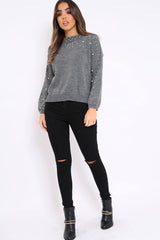 Grey Puff Sleeve Pearl Chunky Knit Jumper - Nancie-Jumper