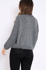Grey Puff Sleeve Pearl Chunky Knit Jumper - Nancie-Jumper