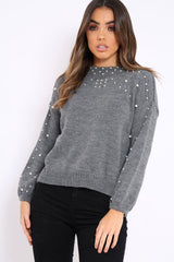 Grey Puff Sleeve Pearl Chunky Knit Jumper - Nancie-Jumper
