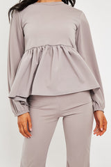 Grey Puff Sleeve Top + Wide Leg Trouser Co-ord - Demri-Co-ords