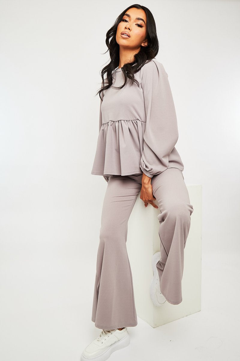 Grey Puff Sleeve Top + Wide Leg Trouser Co-ord - Demri-Co-ords