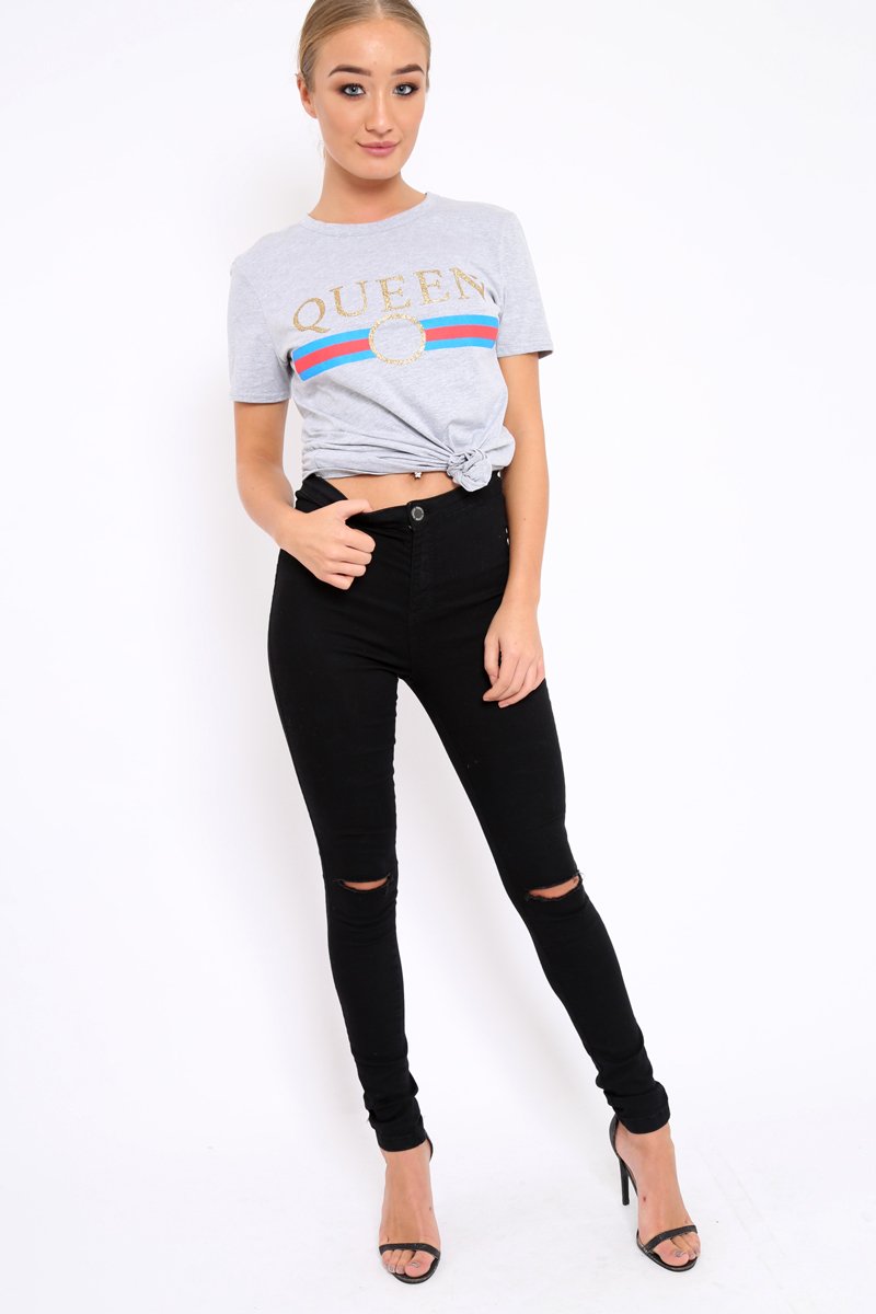 Grey Queen Slogan T-shirt - Chenise-Tops