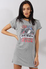 Grey Rebel Slogan Print Tshirt Dress - Juan-Dresses