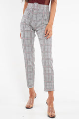 Grey Red Tartan Belted Tailored Trousers - Celena-Trousers