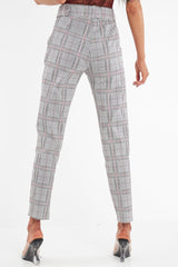 Grey Red Tartan Belted Tailored Trousers - Celena-Trousers
