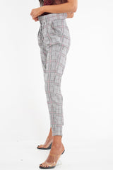 Grey Red Tartan Belted Tailored Trousers - Celena-Trousers