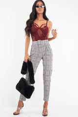 Grey Red Tartan Belted Tailored Trousers - Celena-Trousers