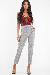 Grey Red Tartan Belted Tailored Trousers - Celena-Trousers