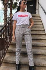 Grey Red Tartan Belted Tailored Trousers - Celena-Trousers